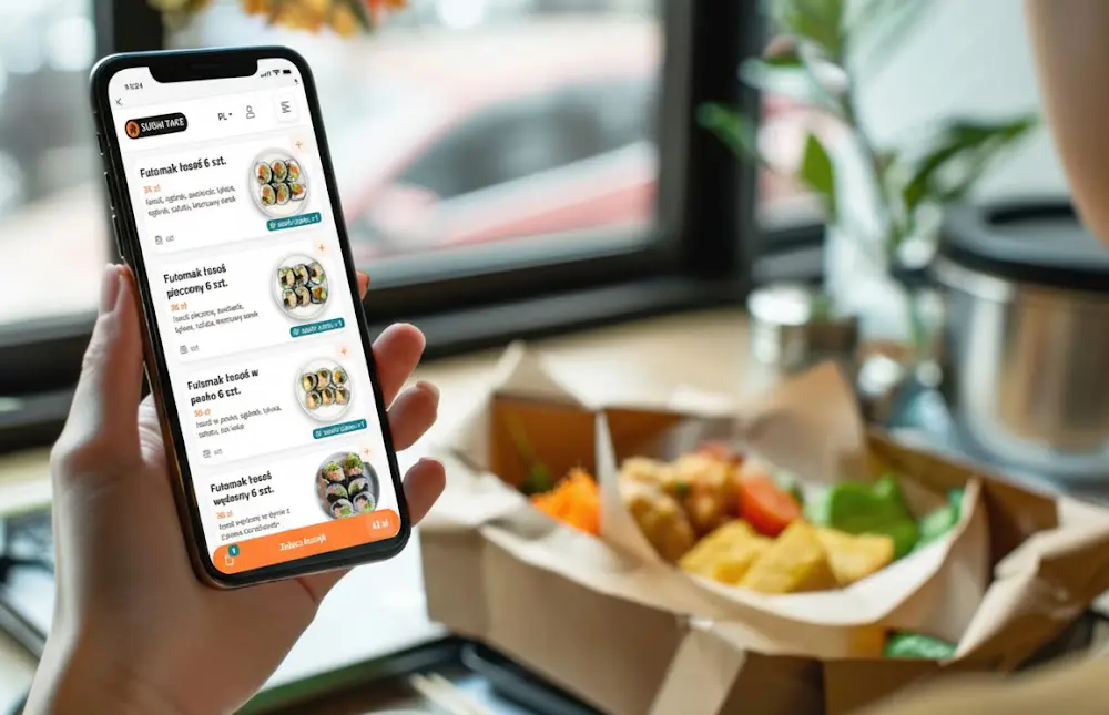 Klient zamawia sushi przez stronę restauracji na smartfonie