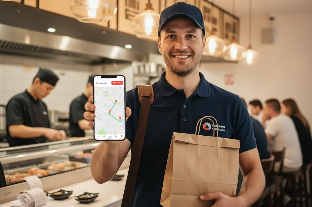 Kurier restauracji z aplikacją its order i zamówieniem na wynos